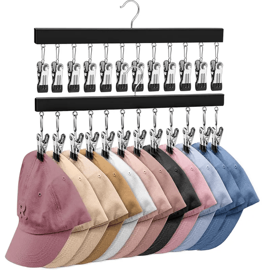 2 Pack Wooden Hat Organizer with 12 Stainless Steel Clips Holds Jeans & Yoga Pants Fits All Cap Sizes Black hanger